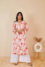 Orange Samina Floral Print Mulmul Kurta