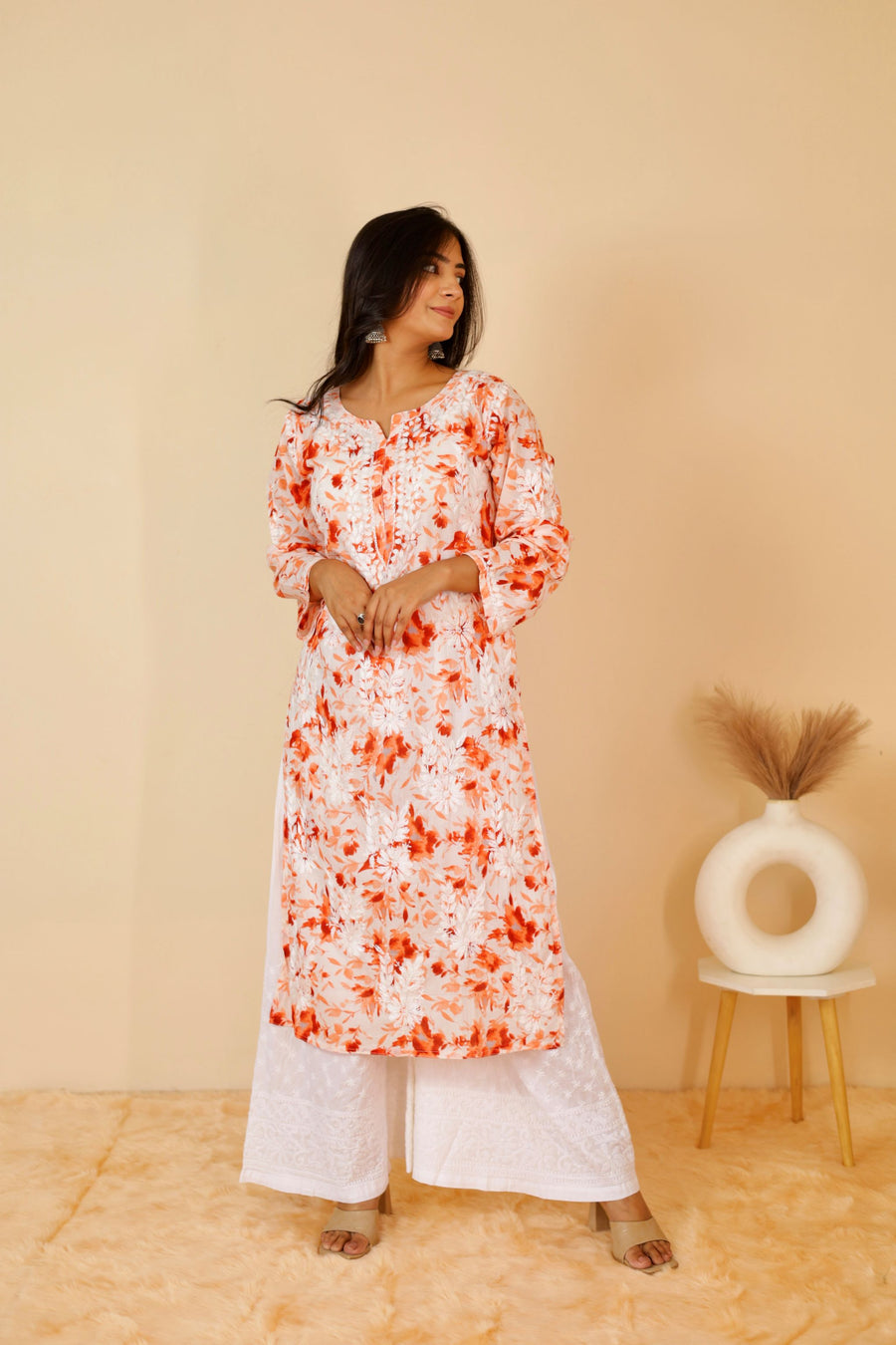 Orange Samina Floral Print Mulmul Kurta