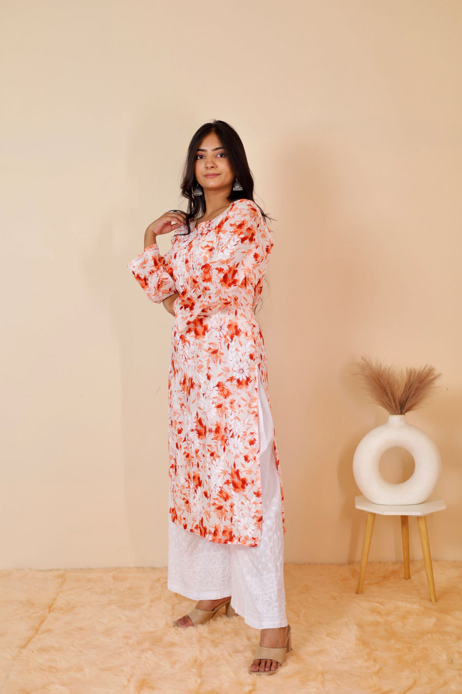 Orange Samina Floral Print Mulmul Kurta