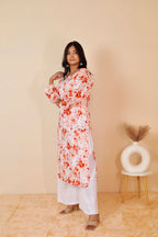 Orange Samina Floral Print Mulmul Kurta