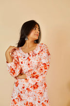 Orange Samina Floral Print Mulmul Kurta