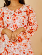 Orange Samina Floral Print Mulmul Kurta