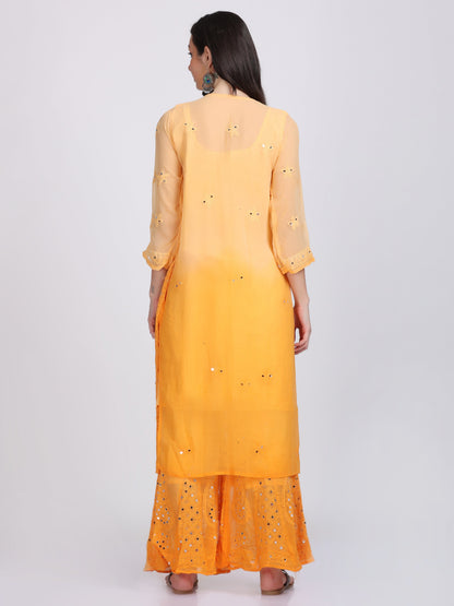 Chiffon Georgette Dyed Real Pasted Mirror Work Kurti, Sharara & Dupatta Set With Free Matching Cotton Inner