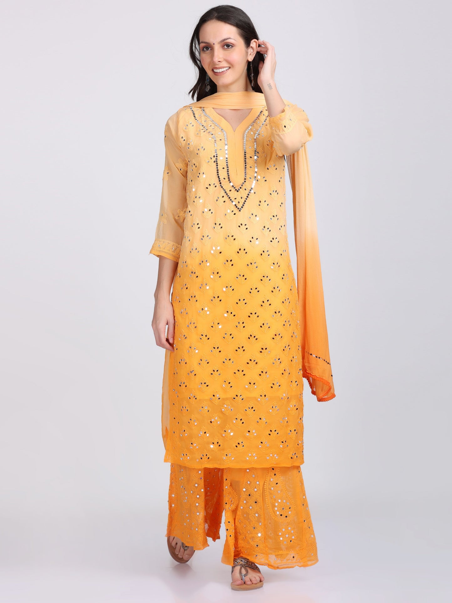 Chiffon Georgette Dyed Real Pasted Mirror Work Kurti, Sharara & Dupatta Set With Free Matching Cotton Inner