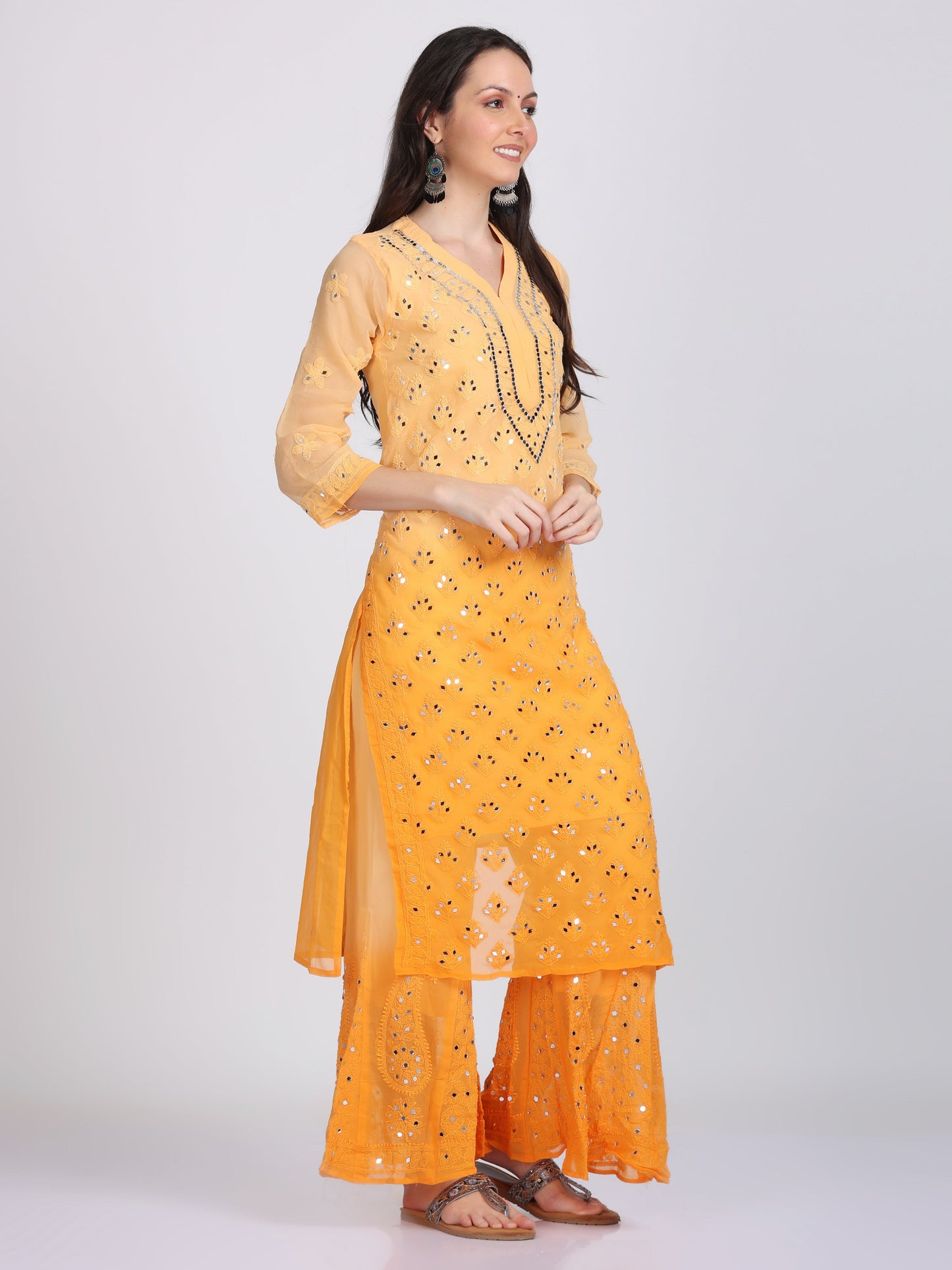 Chiffon Georgette Dyed Real Pasted Mirror Work Kurti, Sharara & Dupatta Set With Free Matching Cotton Inner