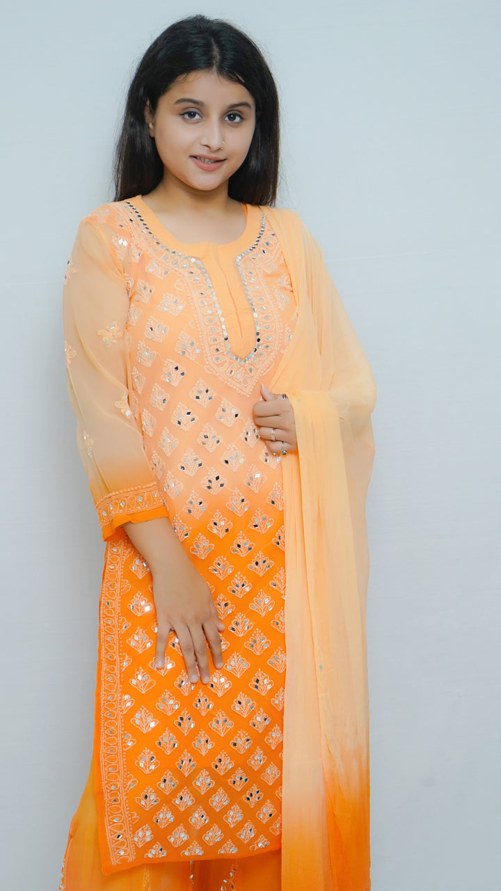 Chiffon Georgette Dyed Real Pasted Mirror Work Kurti, Sharara & Dupatta Set With Free Matching Cotton Inner