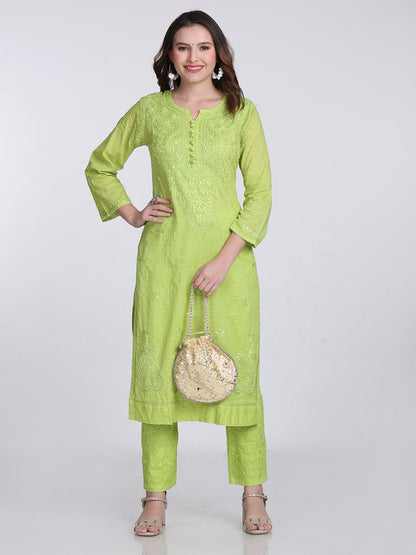 Parrot Green Shifa Dyed Cotton Kurti & Lycra Pant Set