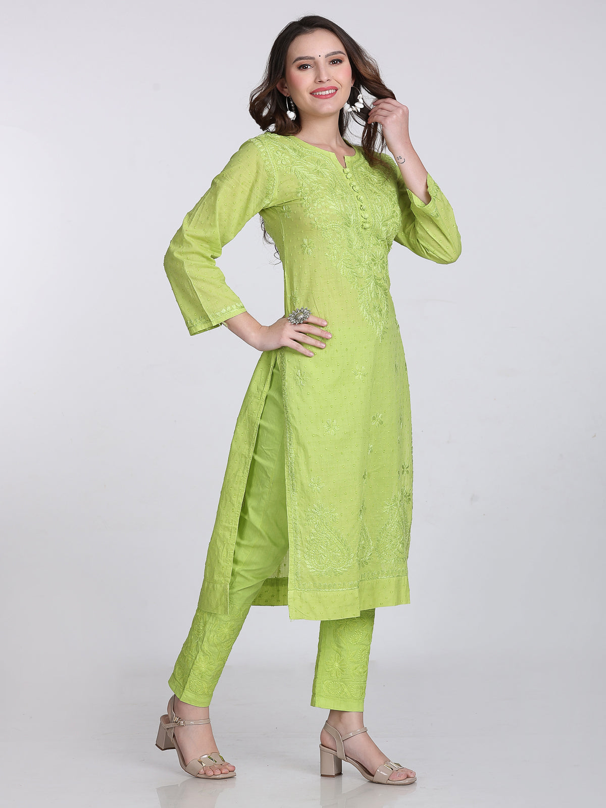 Parrot Green Shifa Dyed Cotton Kurti & Lycra Pant Set