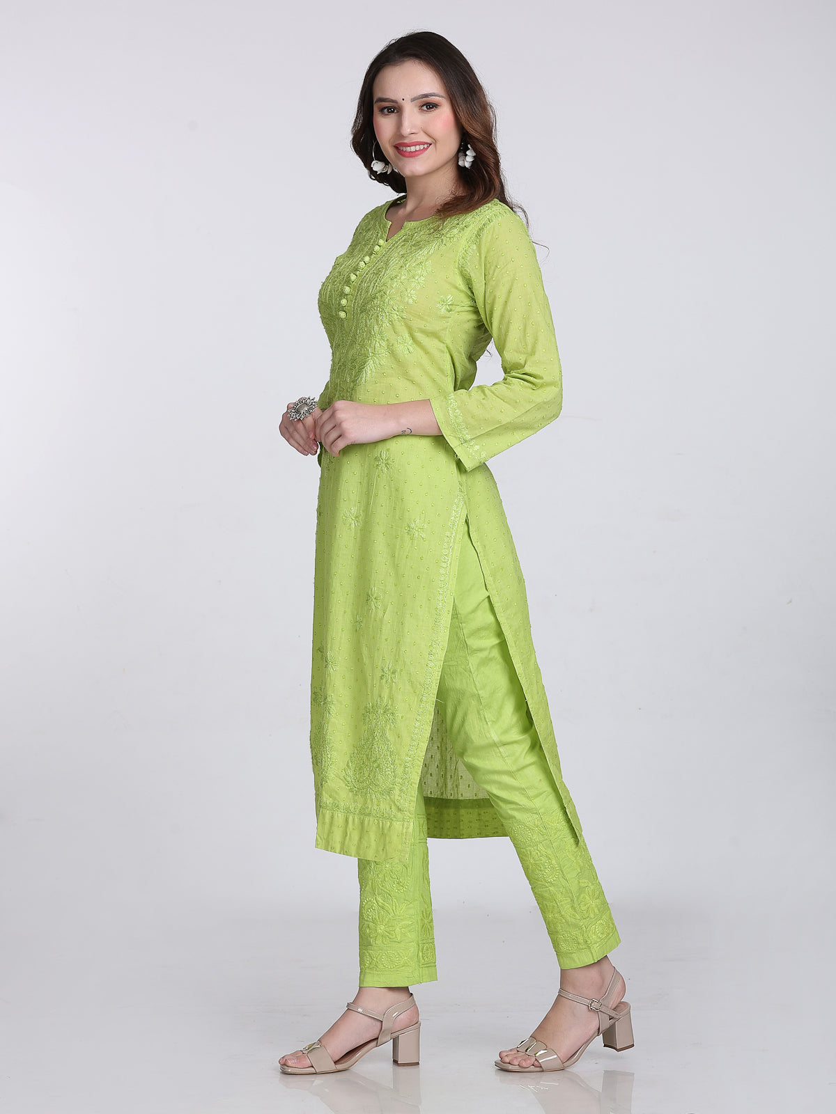 Parrot Green Shifa Dyed Cotton Kurti & Lycra Pant Set