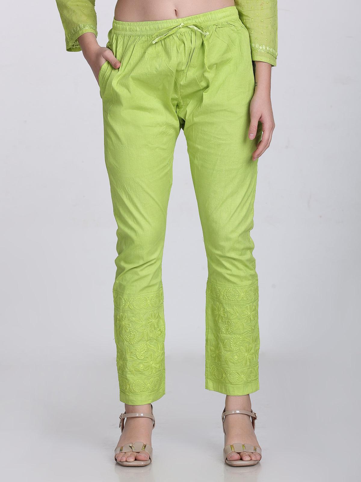 Parrot Green Shifa Dyed Cotton Kurti & Lycra Pant Set