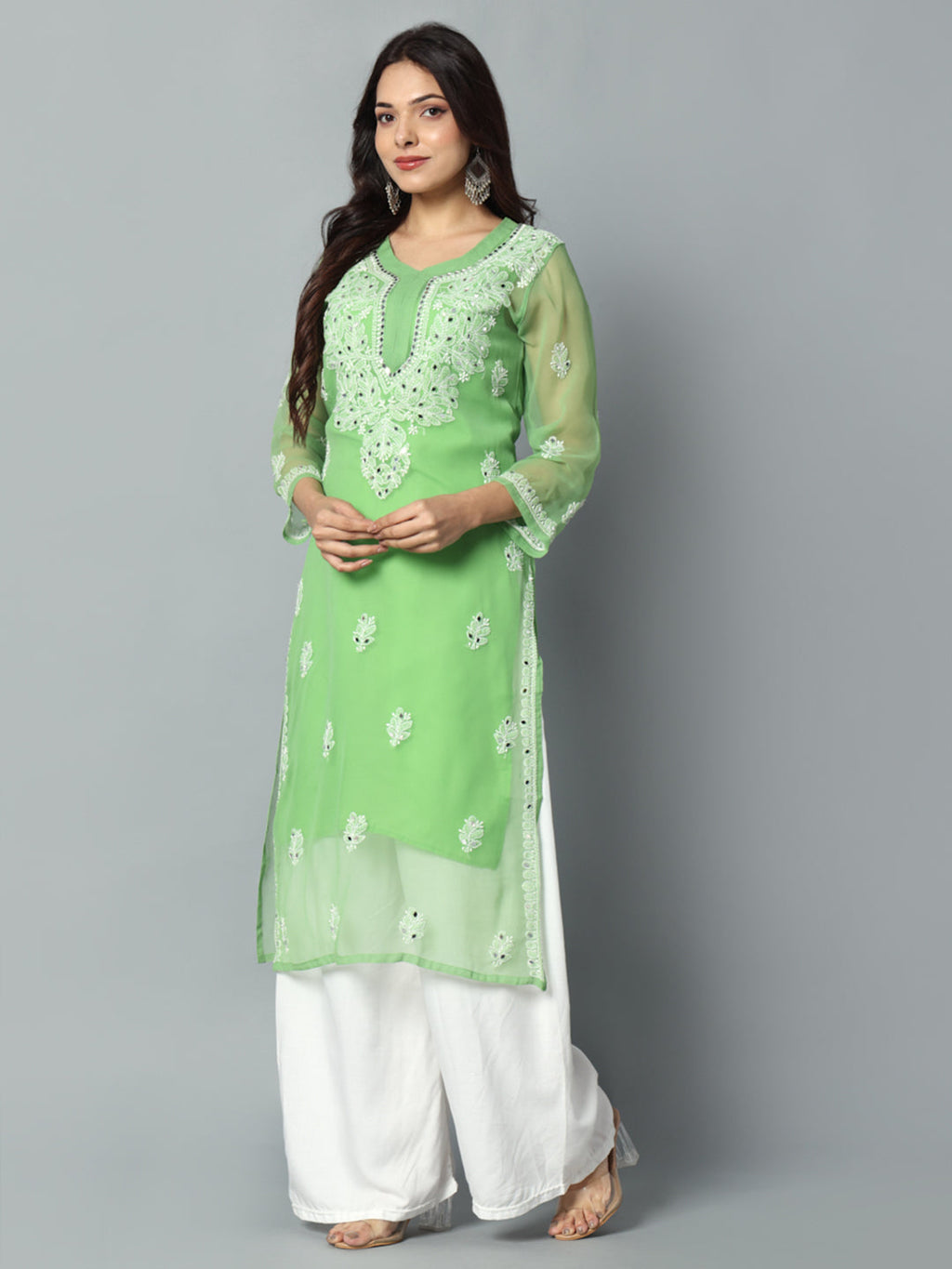 Parrot Green Gulbarg Mirror Work Chikankari Kurti with Inner