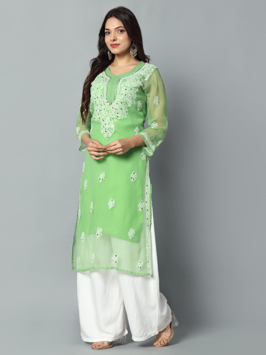 Parrot Green Gulbarg Mirror Work Chikankari Kurti with Inner