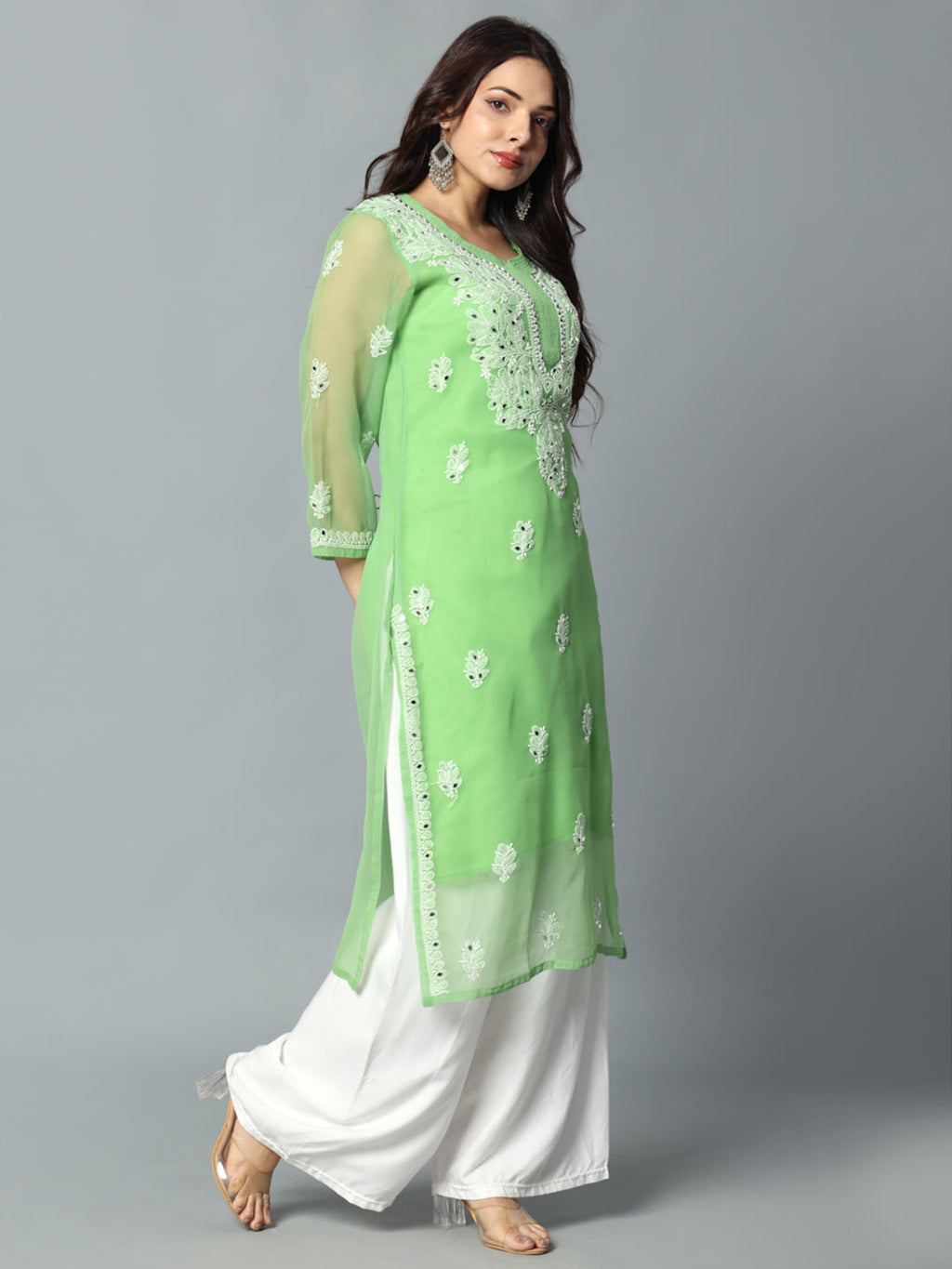 Parrot Green Gulbarg Mirror Work Chikankari Kurti with Inner
