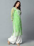 Parrot Green Gulbarg Mirror Work Chikankari Kurti with Inner