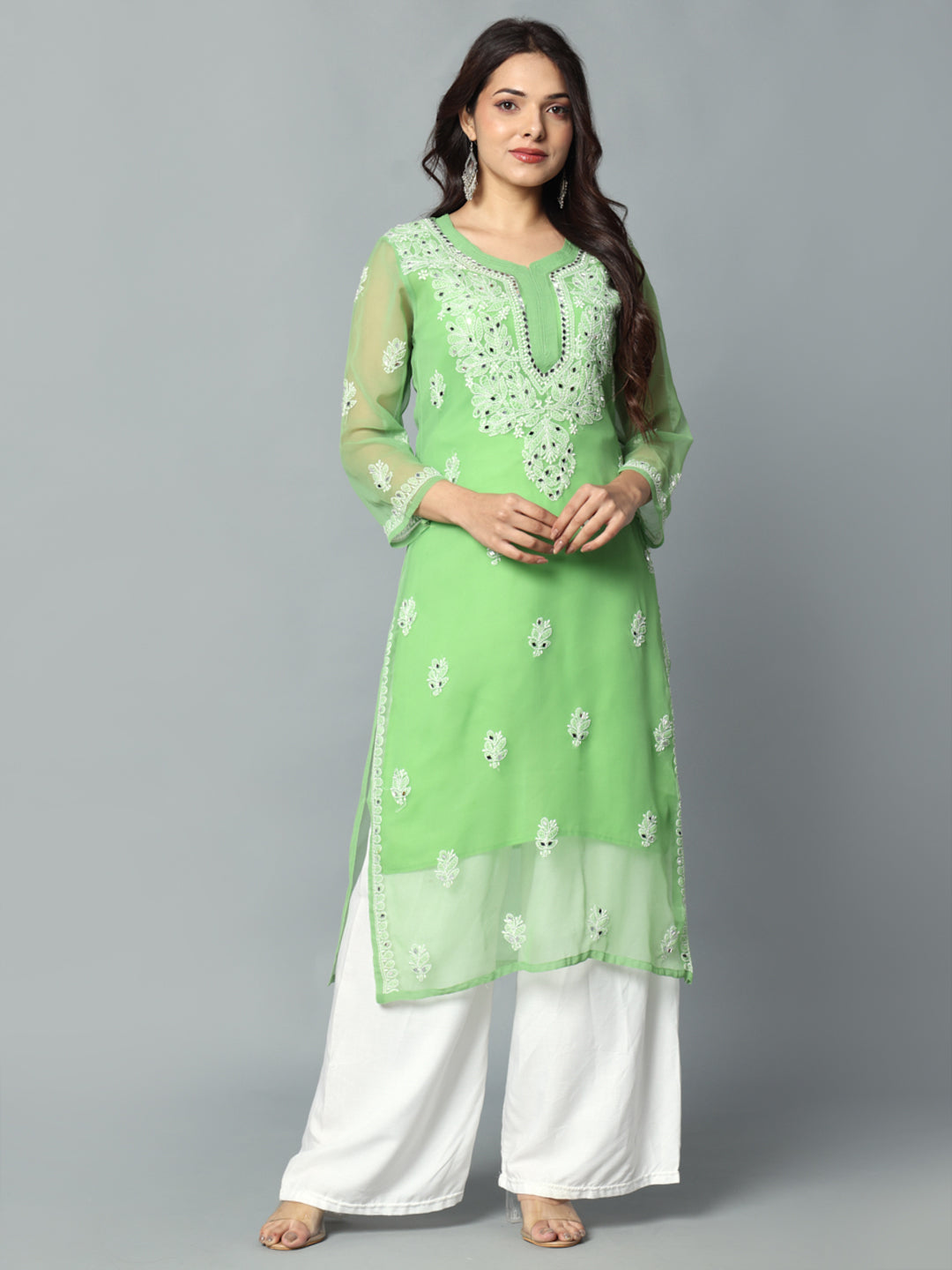 Parrot Green Gulbarg Mirror Work Chikankari Kurti with Inner