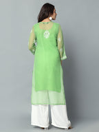 Parrot Green Gulbarg Mirror Work Chikankari Kurti with Inner