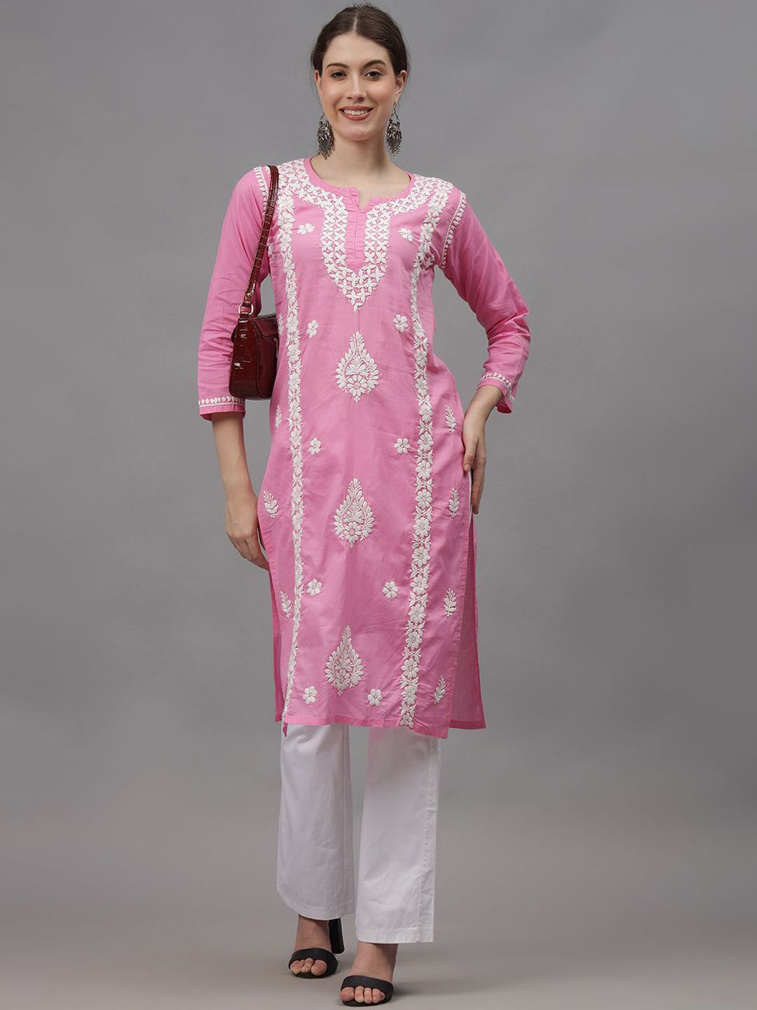 Pink Ayat Cotton Chikankari Long Kurti