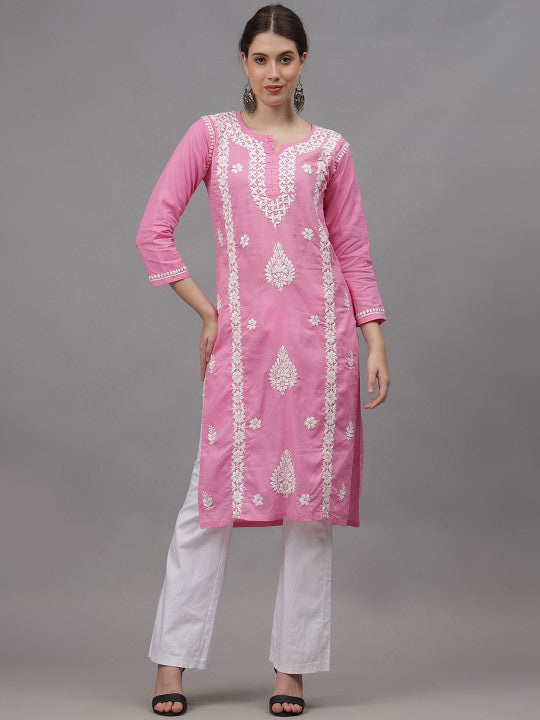 Pink Ayat Cotton Chikankari Long Kurti