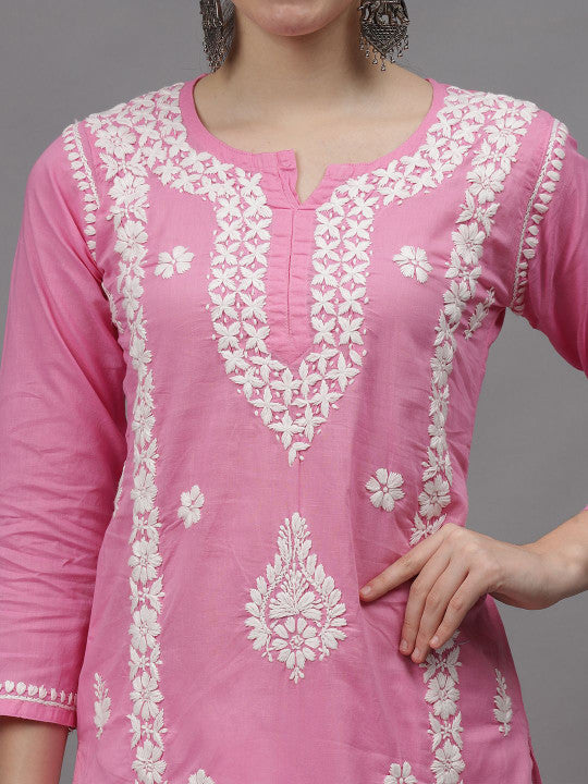 Pink Ayat Cotton Chikankari Long Kurti