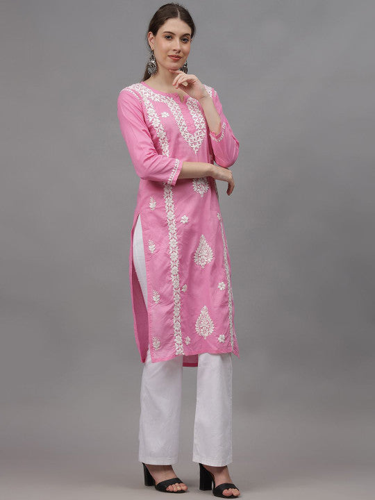 Pink Ayat Cotton Chikankari Long Kurti