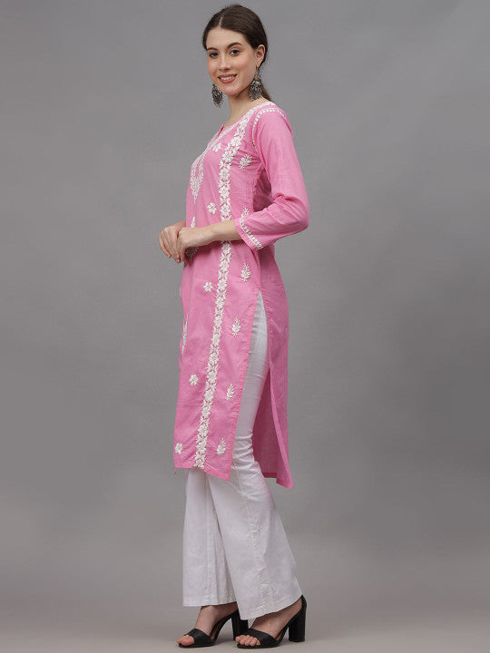 Pink Ayat Cotton Chikankari Long Kurti