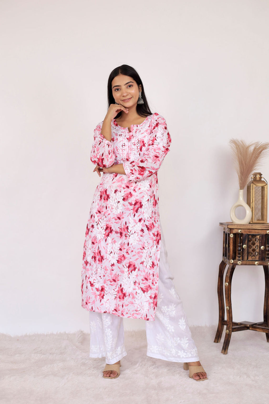 Pink Samina Floral Print Mulmul Kurta