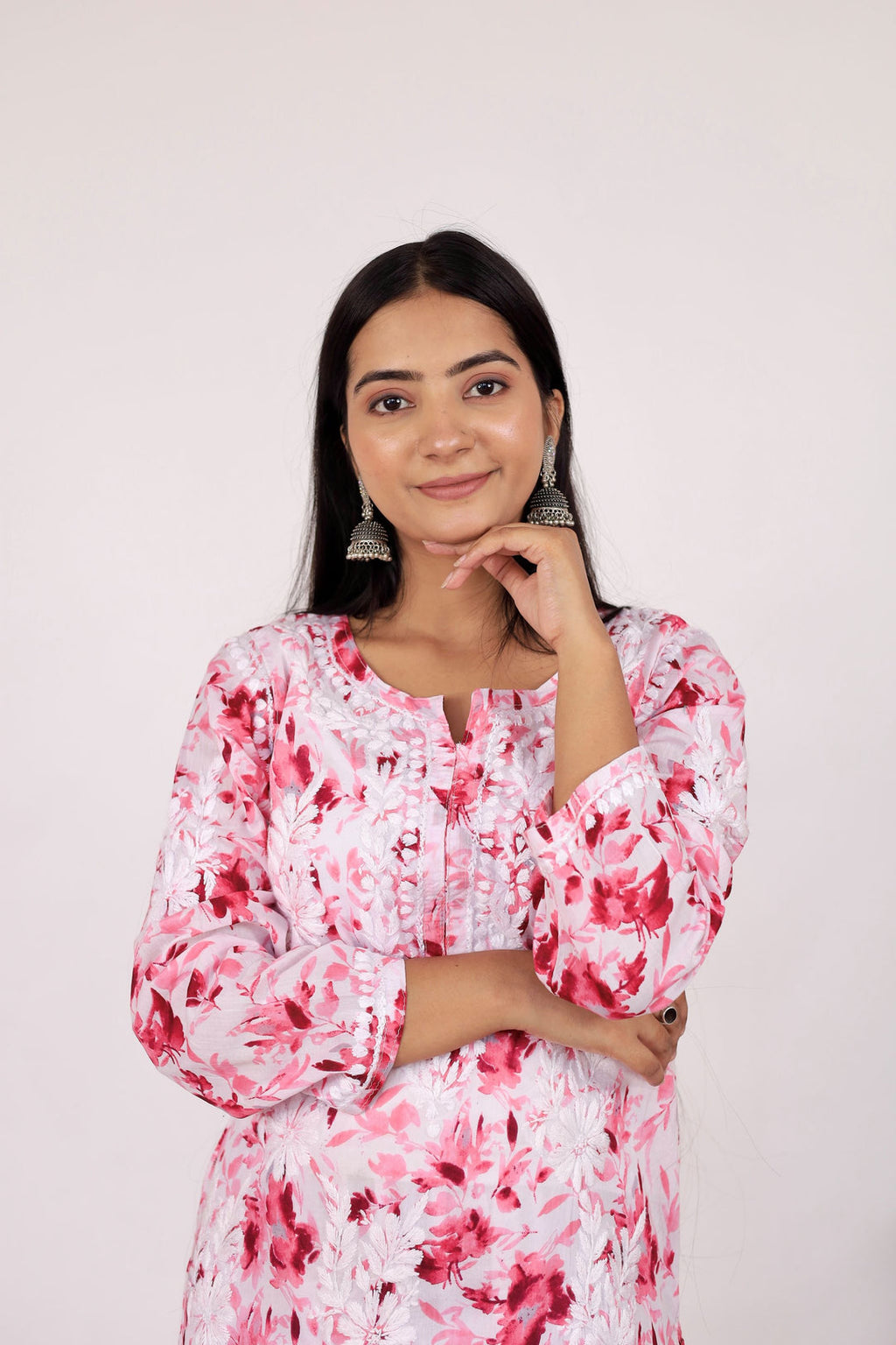 Pink Samina Floral Print Mulmul Kurta