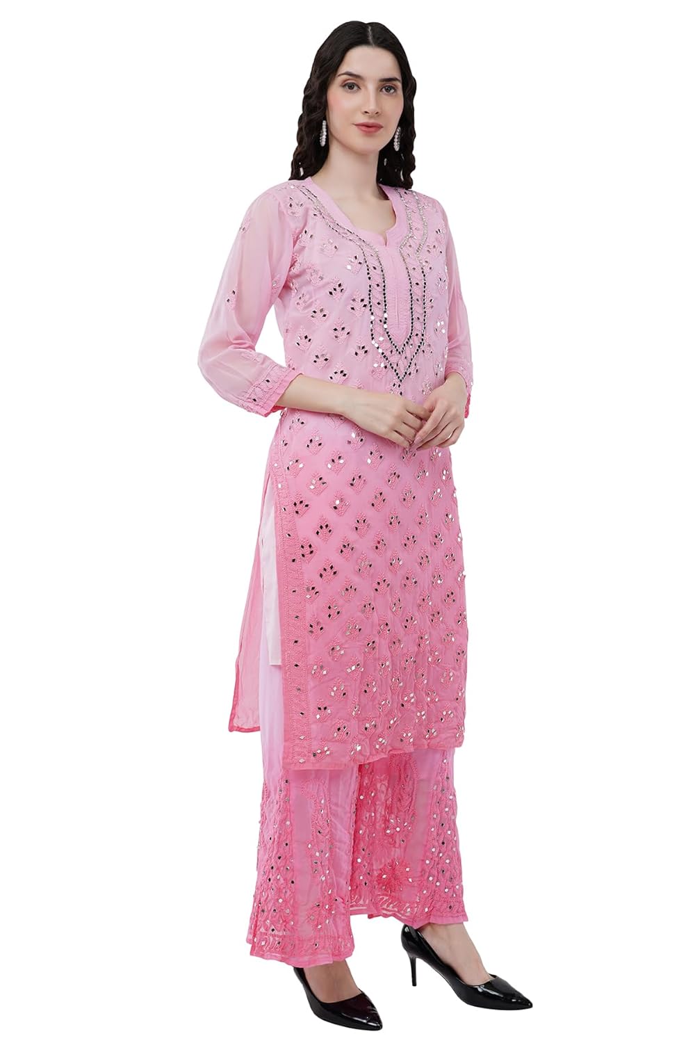 Chiffon Georgette Dyed Real Pasted Mirror Work Kurti, Sharara & Dupatta Set With Free Matching Cotton Inner
