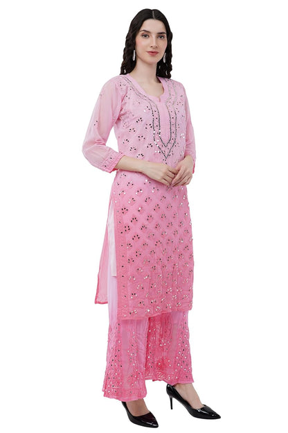 Chiffon Georgette Dyed Real Pasted Mirror Work Kurti, Sharara & Dupatta Set With Free Matching Cotton Inner