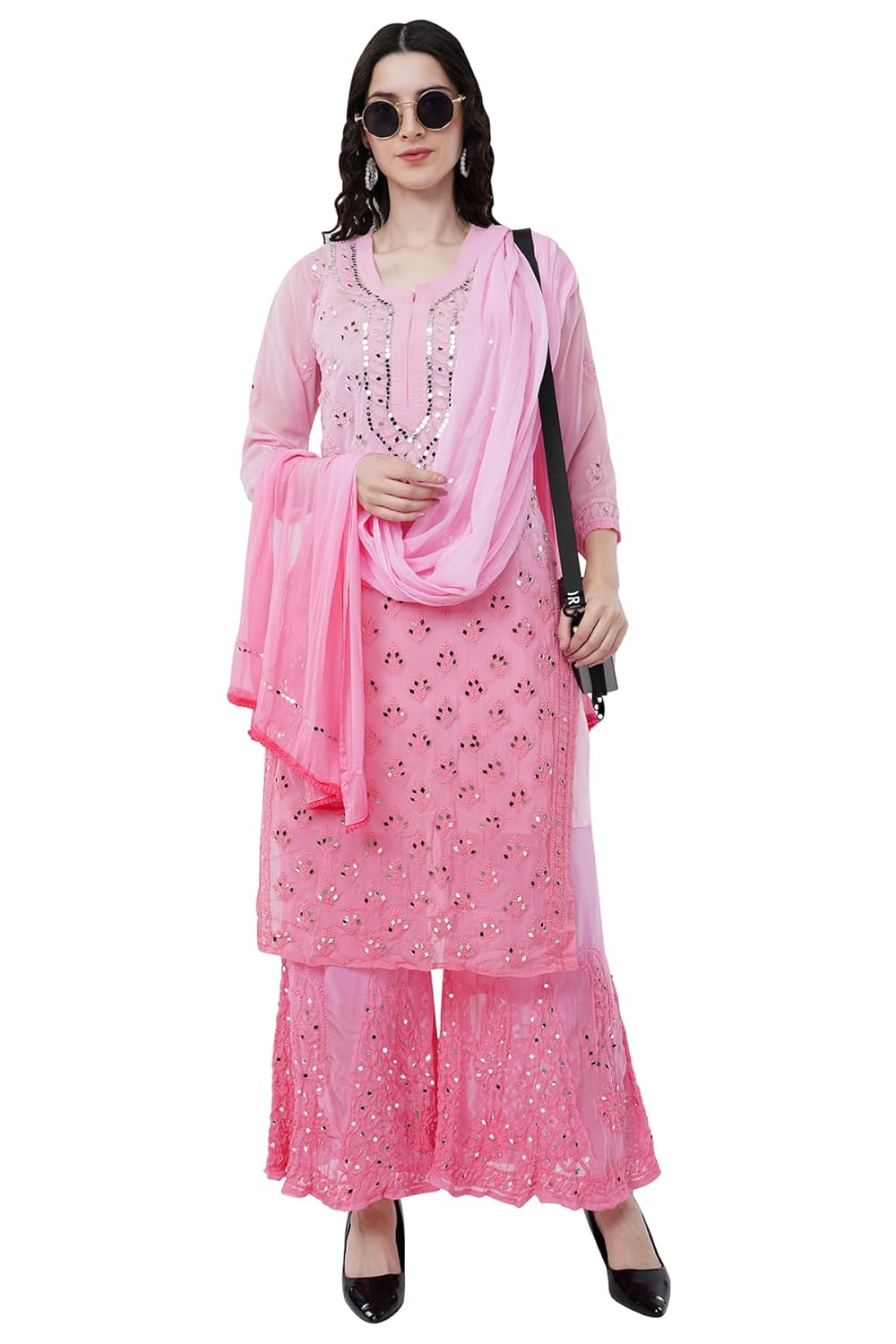 Chiffon Georgette Dyed Real Pasted Mirror Work Kurti, Sharara & Dupatta Set With Free Matching Cotton Inner