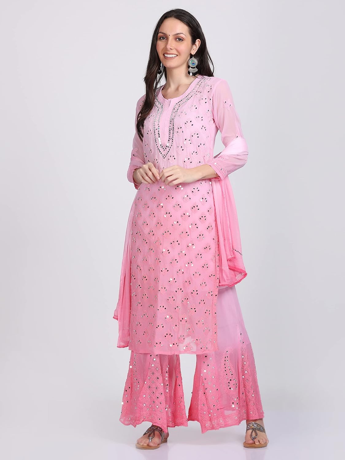 Chiffon Georgette Dyed Real Pasted Mirror Work Kurti, Sharara & Dupatta Set With Free Matching Cotton Inner