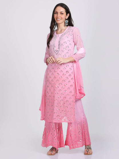 Chiffon Georgette Dyed Real Pasted Mirror Work Kurti, Sharara & Dupatta Set With Free Matching Cotton Inner