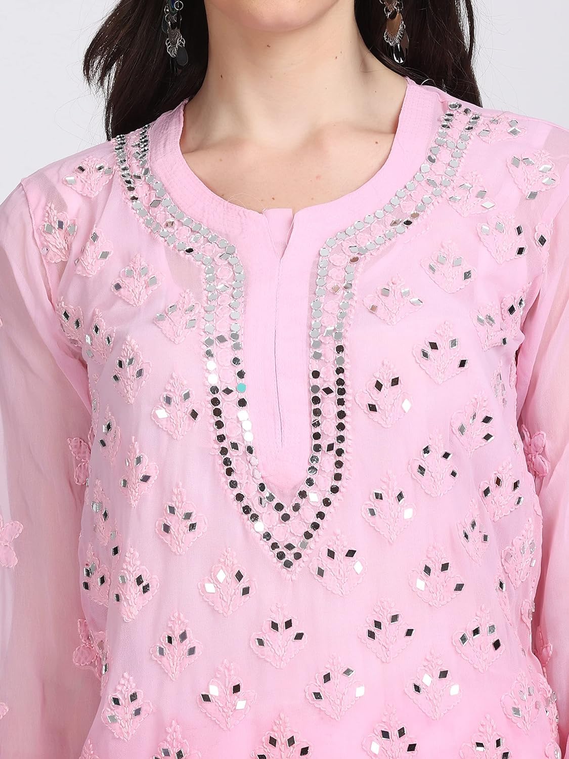 Chiffon Georgette Dyed Real Pasted Mirror Work Kurti, Sharara & Dupatta Set With Free Matching Cotton Inner