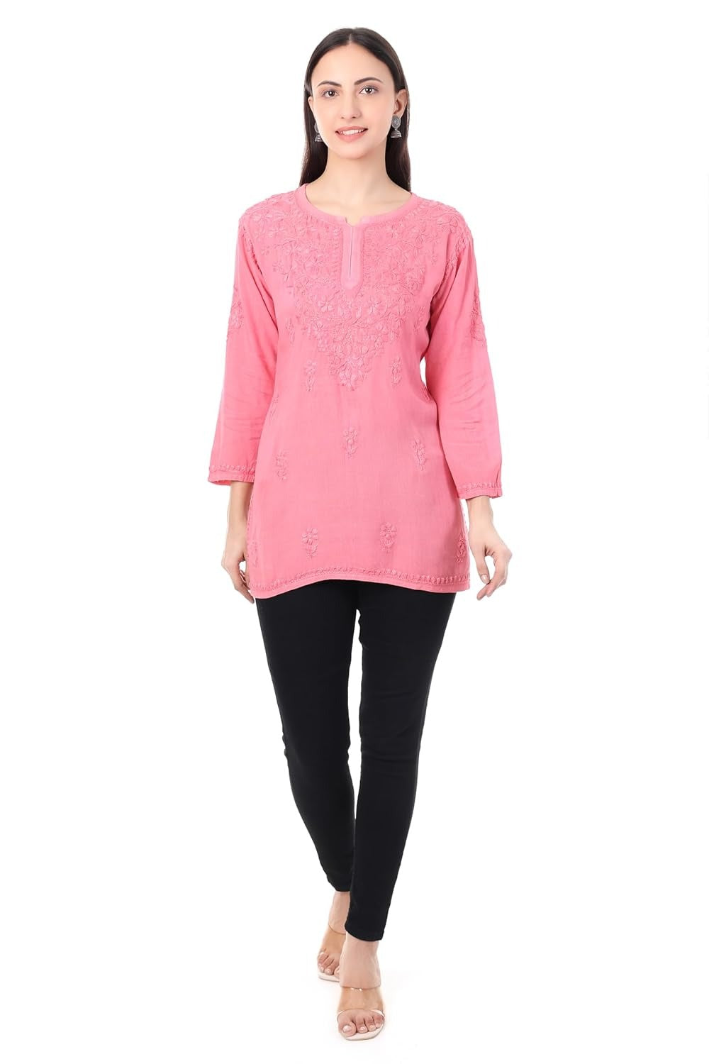 Zahra Baby Pink Dyed Short Rayon Chikankari Top - Comfortable & Non-Transparent Chikankari Short Kurti