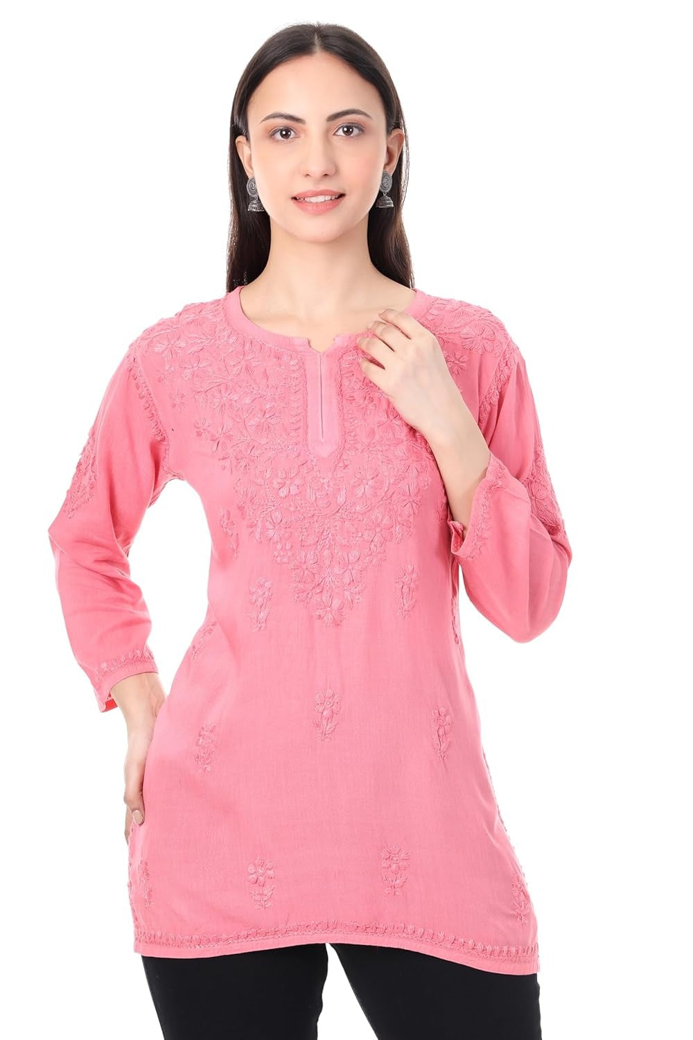 Zahra Baby Pink Dyed Short Rayon Chikankari Top - Comfortable & Non-Transparent Chikankari Short Kurti