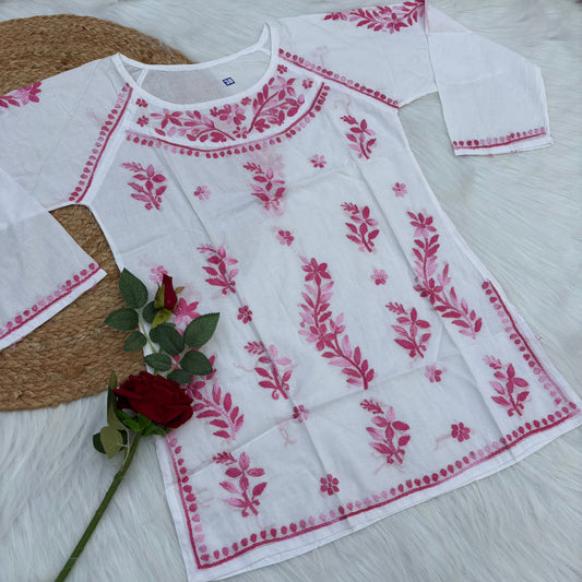 Women's White Base Pure Mulmul Chikankari Short Kurti with Color Threadwork