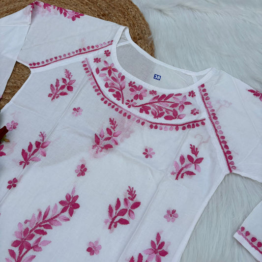 Women's White Base Pure Mulmul Chikankari Short Kurti with Color Threadwork