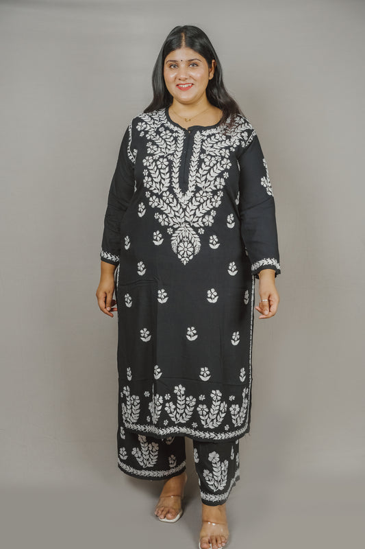 Batool Plus Size Rayon Lucknowi Chikankari Kurti & Palazzo Co-Ord Set - Ideal for Casual Office & Everyday Comfort