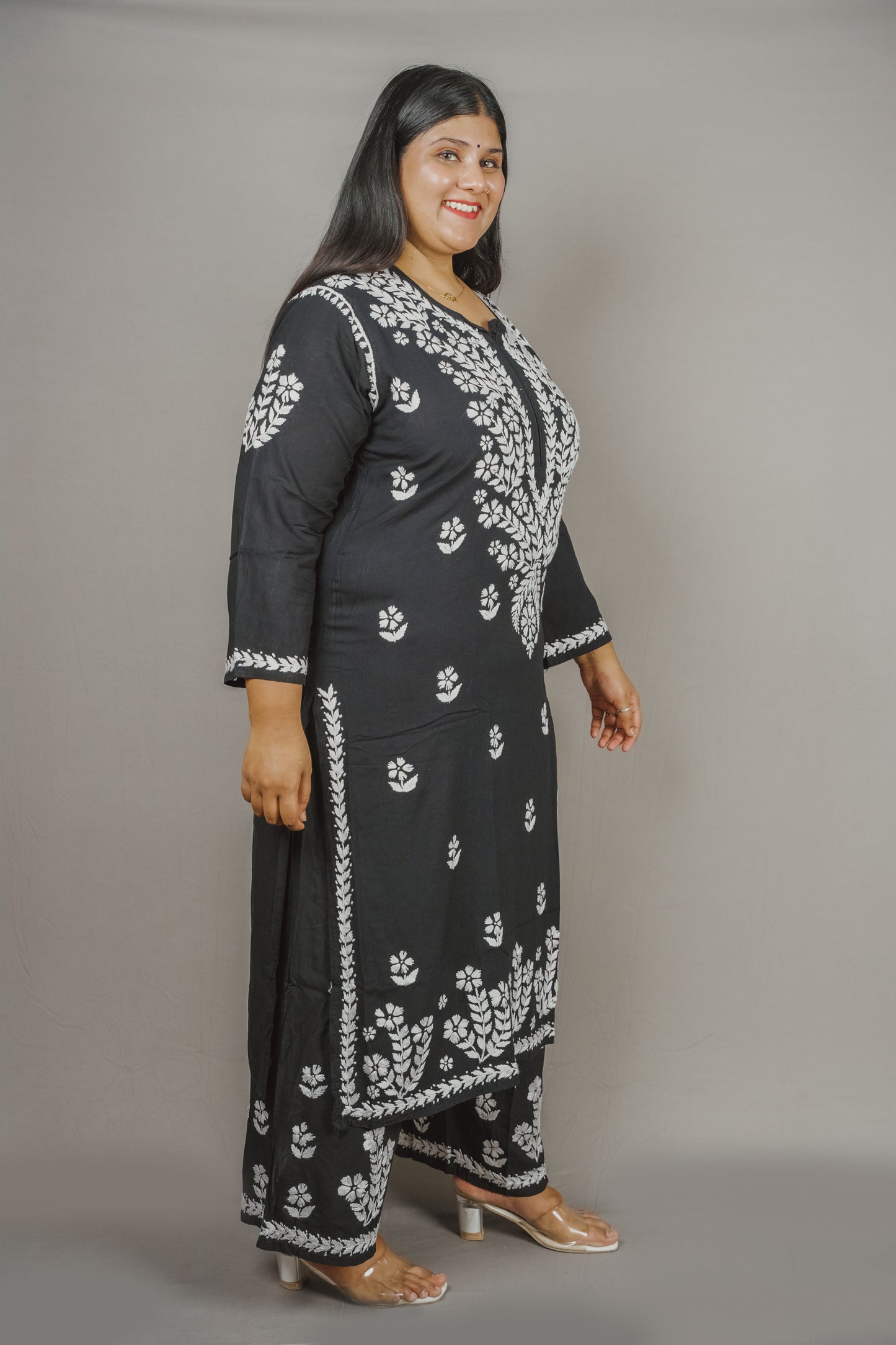 Batool Plus Size Rayon Lucknowi Chikankari Kurti & Palazzo Co-Ord Set - Ideal for Casual Office & Everyday Comfort
