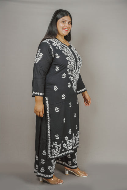 Batool Plus Size Rayon Lucknowi Chikankari Kurti & Palazzo Co-Ord Set - Ideal for Casual Office & Everyday Comfort
