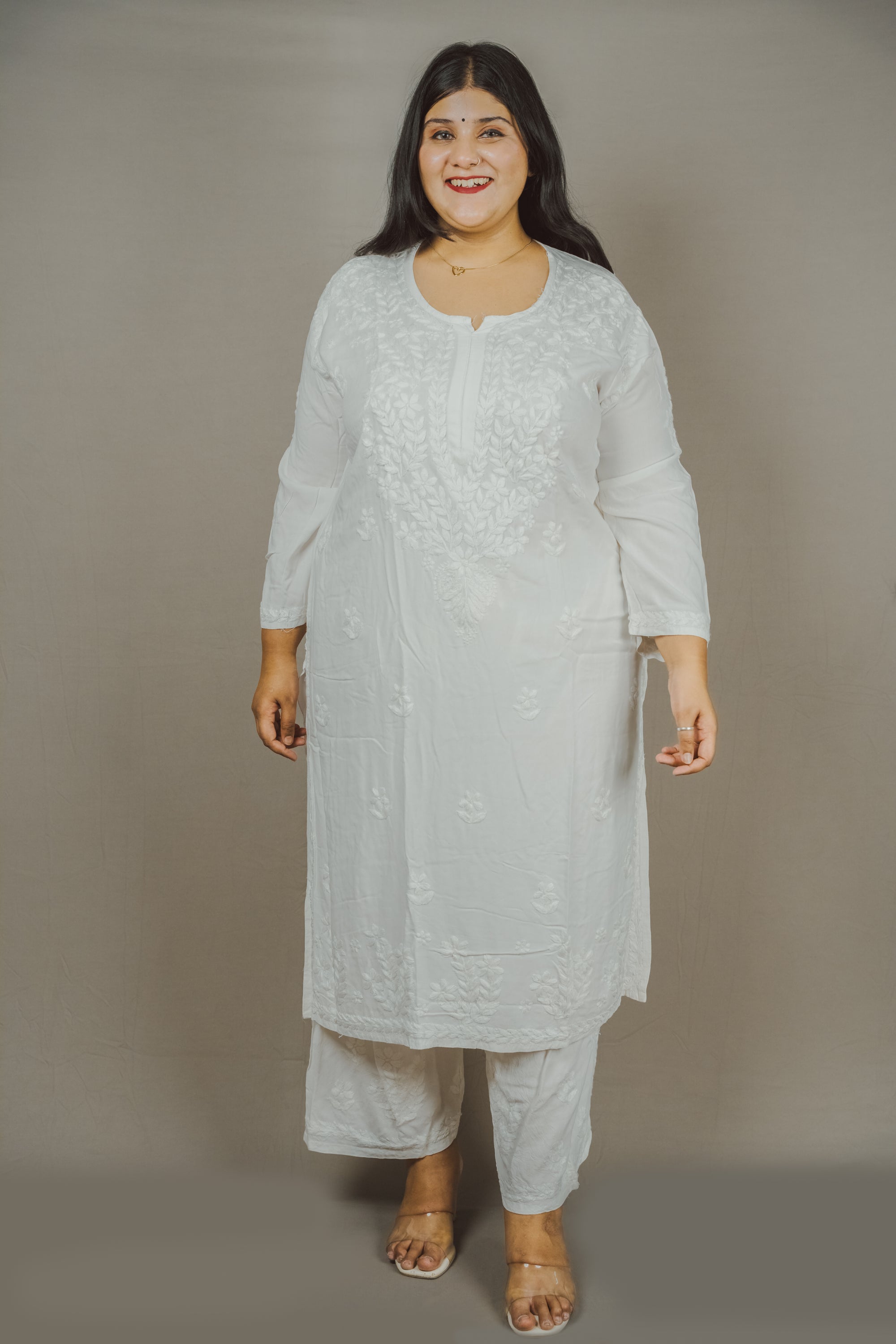 White MALABIS.in Batool Plus Size Rayon Lucknowi Chikankari Kurti &amp; Palazzo Co-Ord Set - Ideal for Casual Office &amp; Everyday Comfort