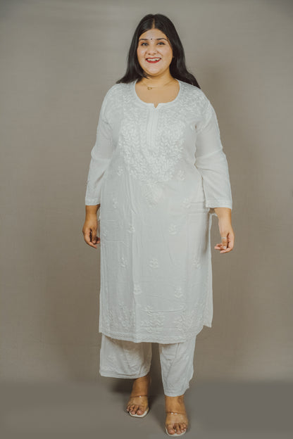Batool Plus Size Rayon Lucknowi Chikankari Kurti & Palazzo Co-Ord Set - Ideal for Casual Office & Everyday Comfort