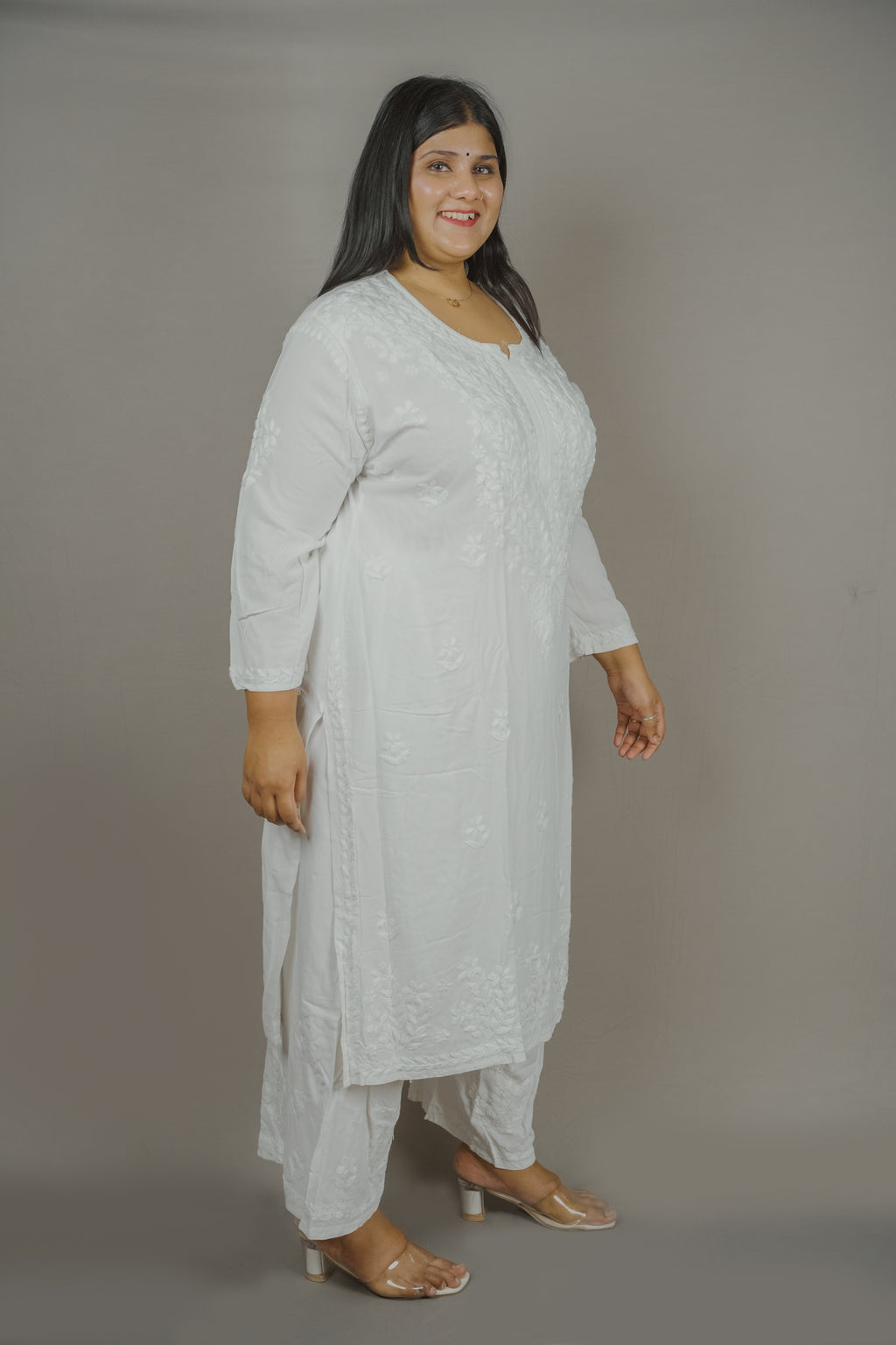 White MALABIS.in Batool Plus Size Rayon Lucknowi Chikankari Kurti &amp; Palazzo Co-Ord Set - Ideal for Casual Office &amp; Everyday Comfort