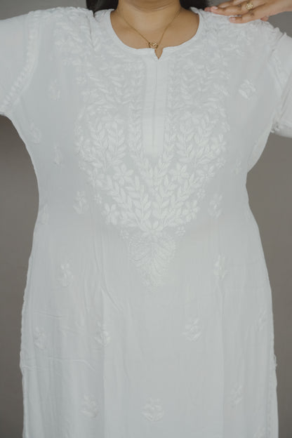 Batool Plus Size Rayon Lucknowi Chikankari Kurti & Palazzo Co-Ord Set - Ideal for Casual Office & Everyday Comfort
