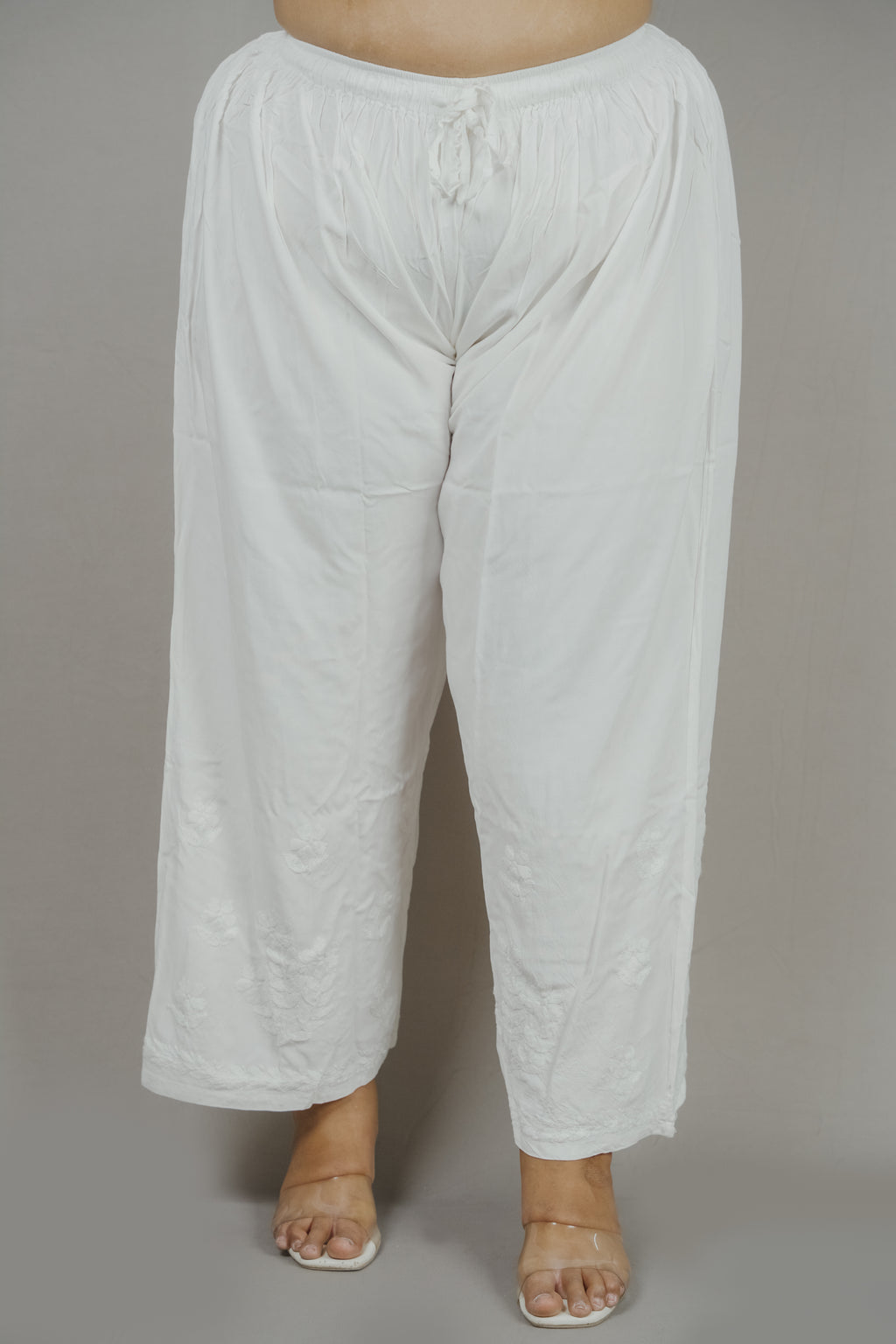 White MALABIS.in Batool Plus Size Rayon Lucknowi Chikankari Kurti & Palazzo Co-Ord Set - Ideal for Casual Office &amp; Everyday Comfort