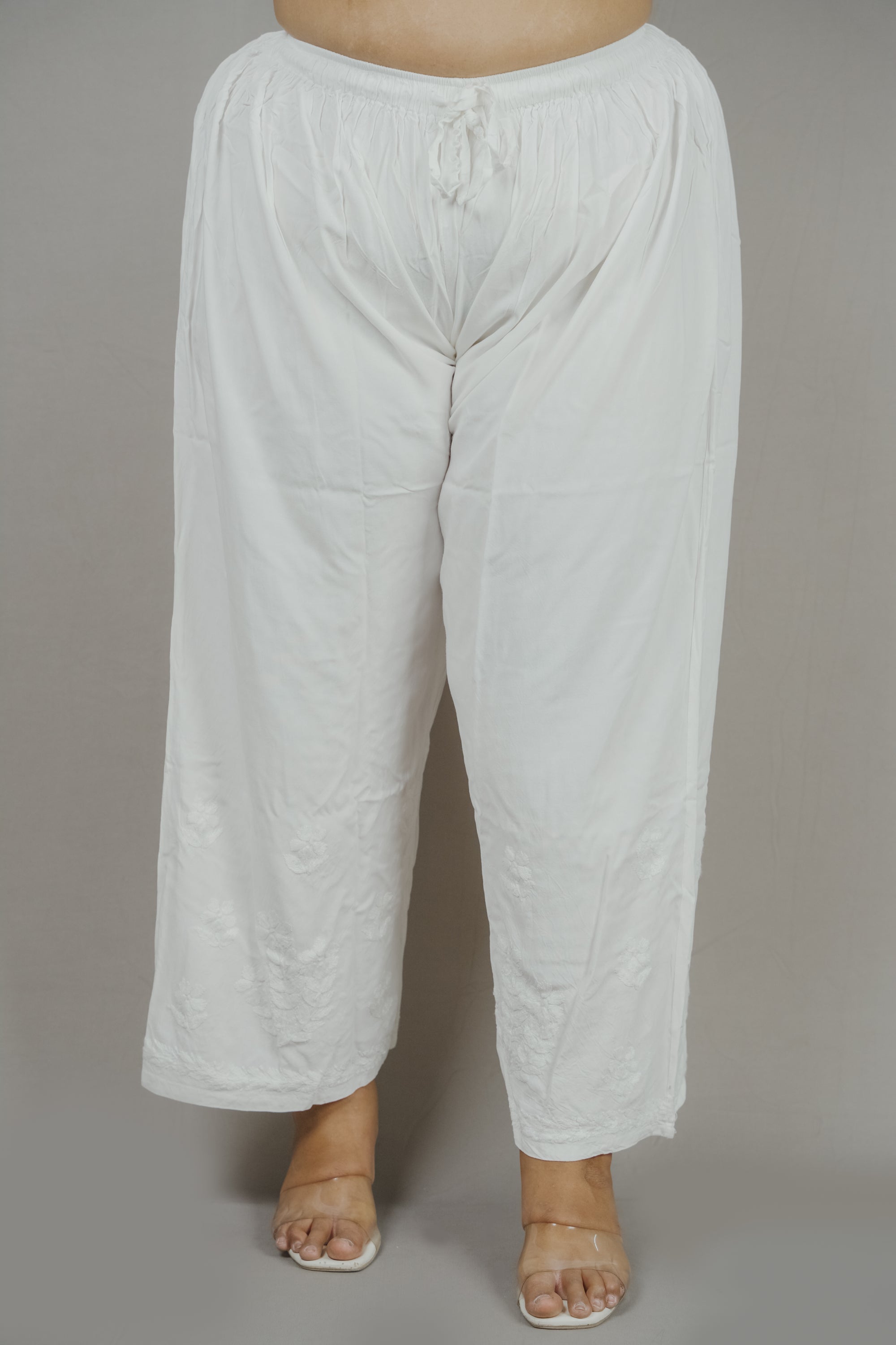 White MALABIS.in Batool Plus Size Rayon Lucknowi Chikankari Kurti & Palazzo Co-Ord Set - Ideal for Casual Office &amp; Everyday Comfort