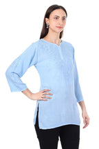 Zahra Sky Blue Dyed Short Rayon Chikankari Top - Comfortable & Non-Transparent Chikankari Short Kurti