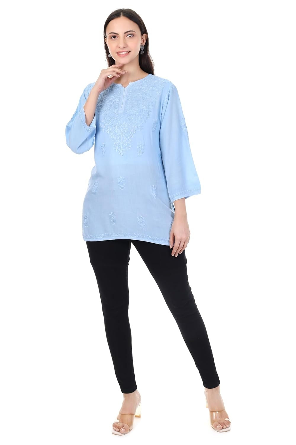 Zahra Sky Blue Dyed Short Rayon Chikankari Top - Comfortable & Non-Transparent Chikankari Short Kurti