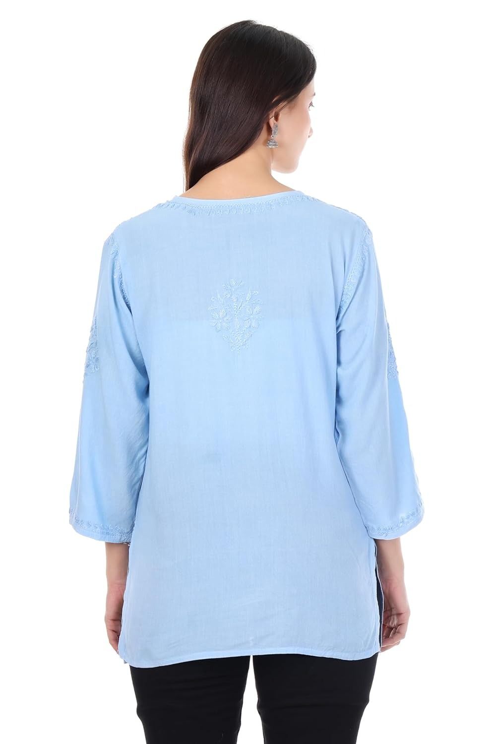 Zahra Sky Blue Dyed Short Rayon Chikankari Top - Comfortable & Non-Transparent Chikankari Short Kurti