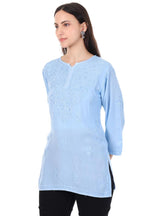 Zahra Sky Blue Dyed Short Rayon Chikankari Top - Comfortable & Non-Transparent Chikankari Short Kurti